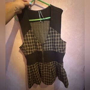 Anthropologie Black and Brown Plaid Zip-Front Peplum Tank
